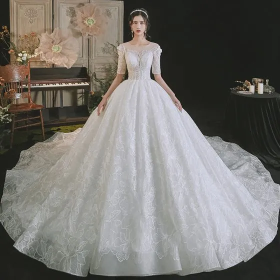 Luxury / Gorgeous White Wedding Dresses 2021 Ball Gown Scoop Neck ...