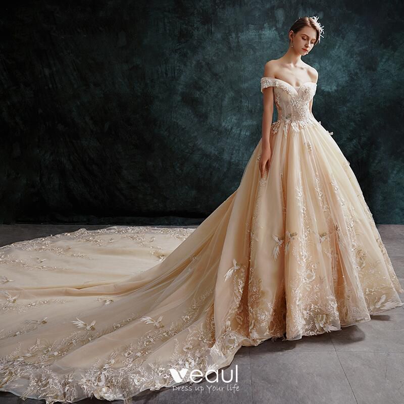 Luxury Gorgeous Champagne Wedding Dresses 2019 Ball Gown