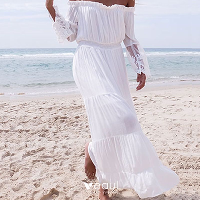 Chic / Beautiful Summer Beach White Chiffon Maxi Dresses 2018 Sheath
