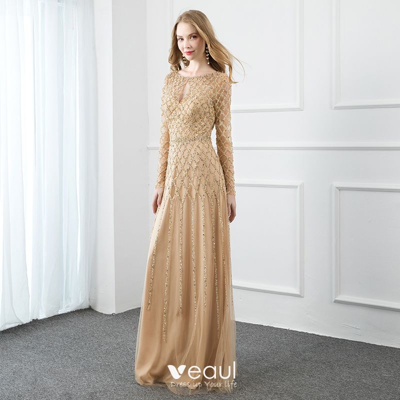 gold long sleeve evening gown