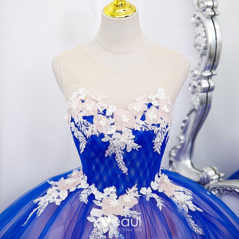 Elegant Royal Blue Appliques Lace Flower Prom Dresses Ball Gown 2022 Scoop Neck Sleeveless 