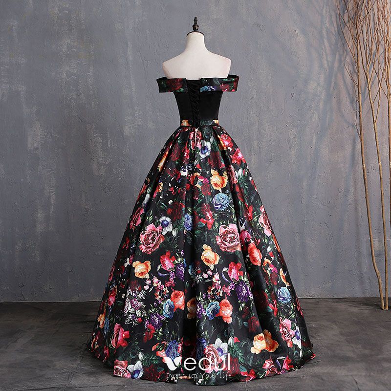 Vintage / Retro Multi-Colors Printing Prom Dresses 2019 Ball Gown Off ...