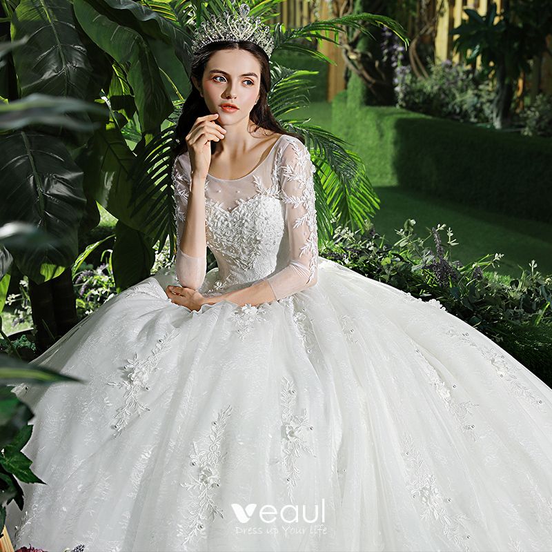 Chic / Beautiful White Wedding Dresses 2018 Ball Gown Lace Flower ...