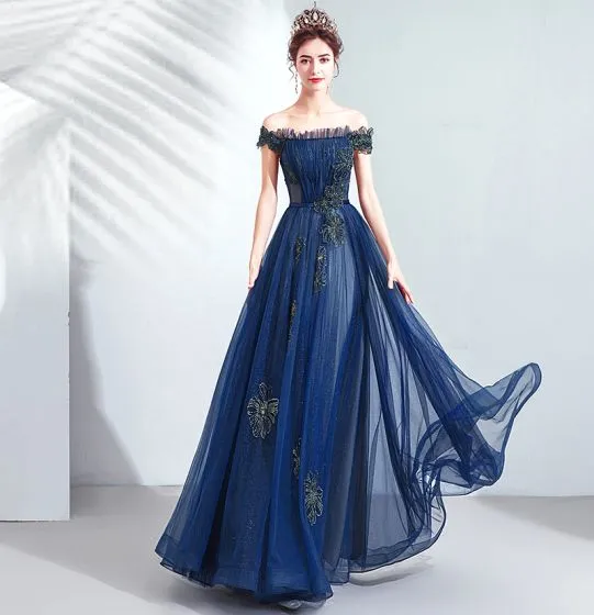 Vintage / Retro Navy Blue Prom Dresses 2020 A-Line / Princess Ruffle ...