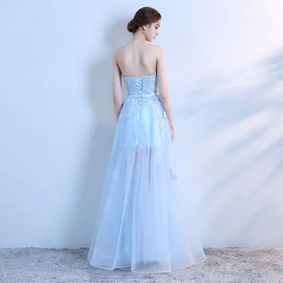 Chic / Beautiful Sky Blue Prom Dresses 2018 A-Line / Princess Lace ...