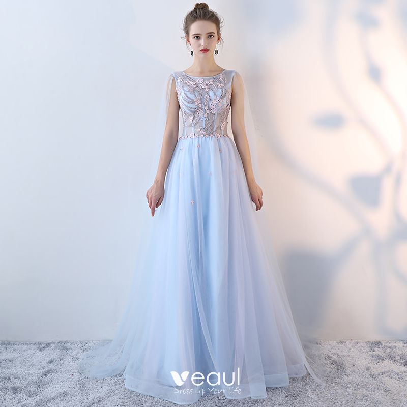 Chic / Beautiful Sky Blue Evening Dresses 2017 A-Line / Princess Lace ...