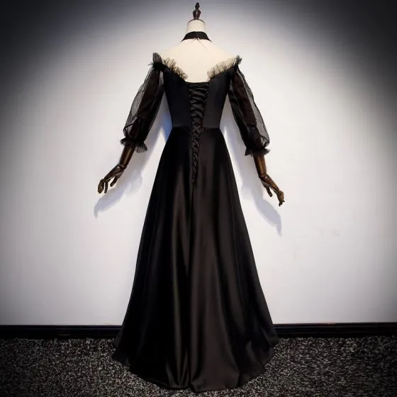 Vintage / Retro Black See-through Satin Evening Dresses 2019 A-Line ...