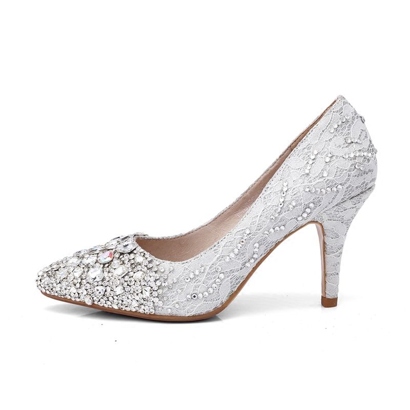 shoes, heels, crystal, shiny, silver, high heels, white, sparkle, classy,  pumps, wedding shoes, pumps, hight heels, red sole, shiny - Wheretoget