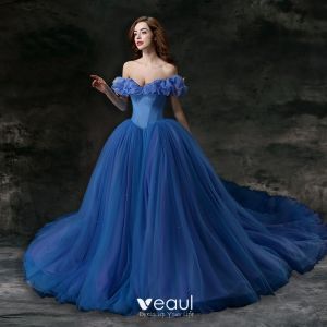 Cinderella Ocean Blue Prom Dresses 2018 Ball Gown Charmeuse Butterfly  Off-The-Shoulder Backless Sleeveless Cathedral Train Formal Dresses
