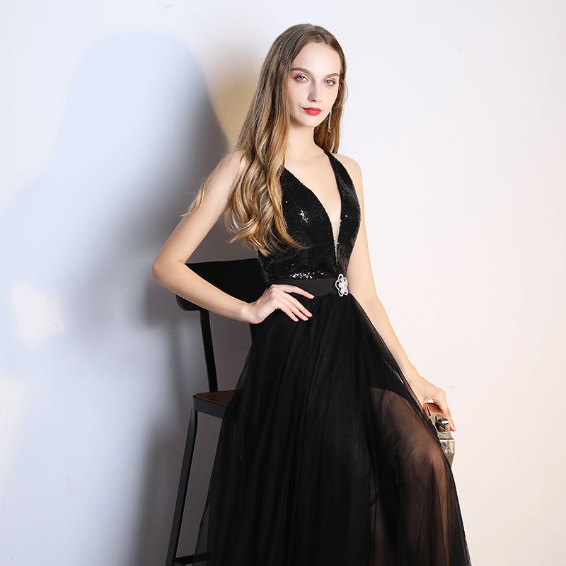 Sexy Black Evening Dresses 2019 A-Line / Princess Rhinestone Sequins V ...