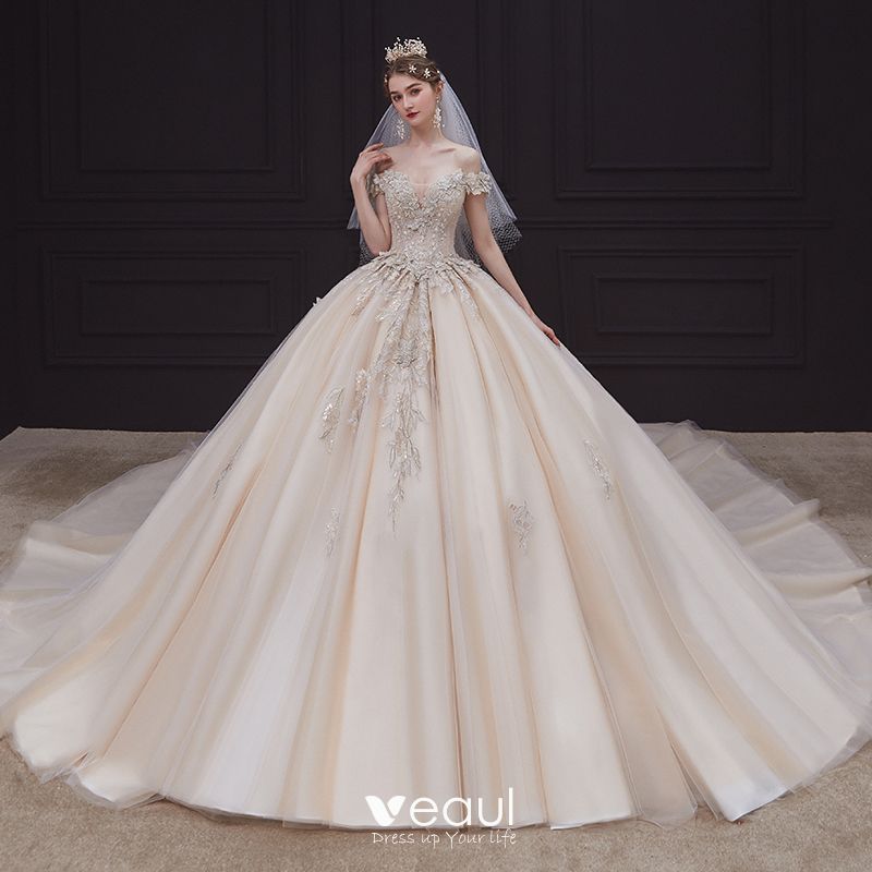 High-end Champagne Bridal Wedding Dresses 2020 Ball Gown Off-The ...