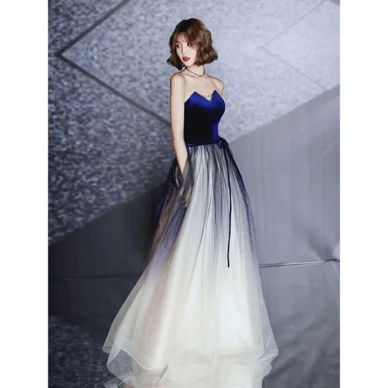 Charming Navy Blue Evening Dresses 2020 A-Line / Princess Suede ...