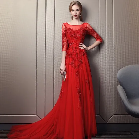 Elegant Red Evening Dresses 2018 A-Line / Princess Square Neckline 3/4 ...