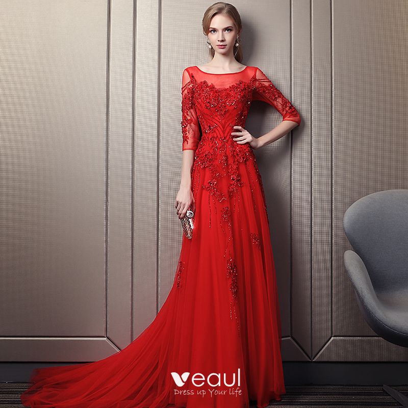Elegant Red Evening Dresses 2018 A Line Princess Square Neckline 34 Sleeve Appliques Flower 