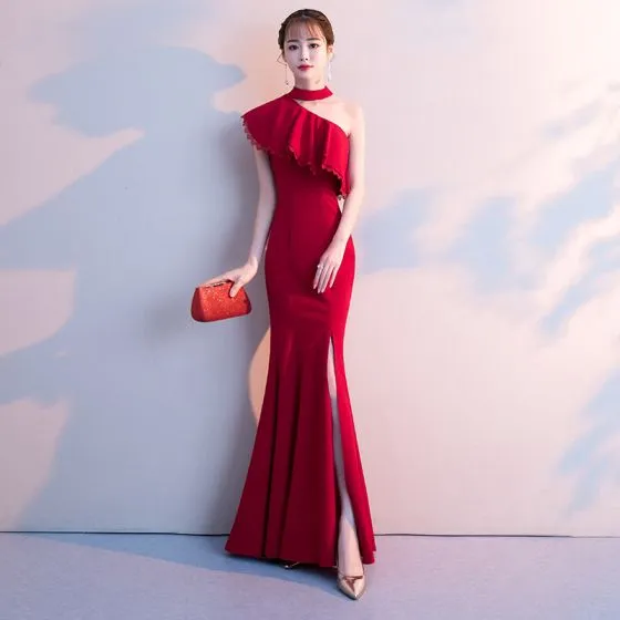 Y Burgundy Evening Dresses 2018 Trumpet Mermaid Split Front Y Burgundy Evening Dresses 2018 Trumpet Mermaid Split Front Halter Backless Short Sleeve Floor Length Long Formal