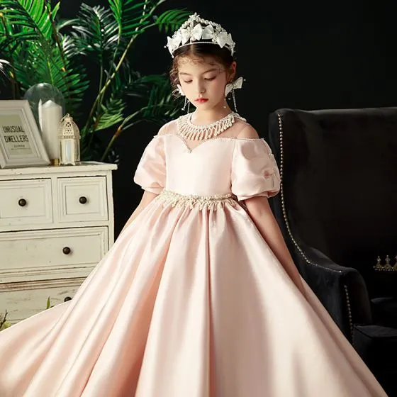 Chic / Beautiful Blushing Pink Pearl Tassel Rhinestone Birthday Flower Girl  Dresses 2022 Satin Ball Gown Scoop