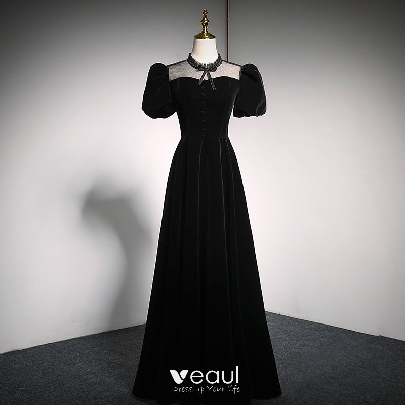 Elegant Black Suede Prom Dresses 2021 A-Line / Princess High Neck Bow ...