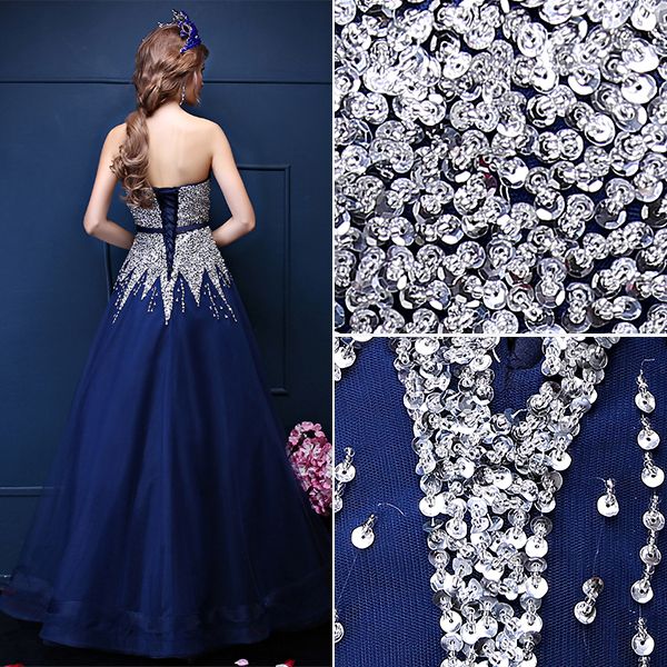 Glitter A-line Sweetheart Beading Sequins Sash Royal Blue Organza Prom
