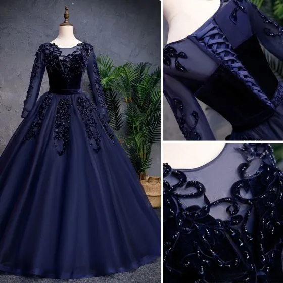 Elegant Navy Blue Prom Dresses 2019 A-Line / Princess Scoop Neck ...