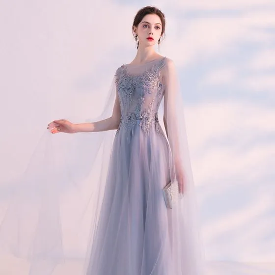 Illusion Grey See-through Evening Dresses 2018 A-Line / Princess Scoop ...