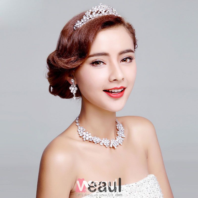 Bridal Jewellery Wedding Tiara Diamond Earrings Shiny Necklace Three-piece  Wedding Dress Accessories