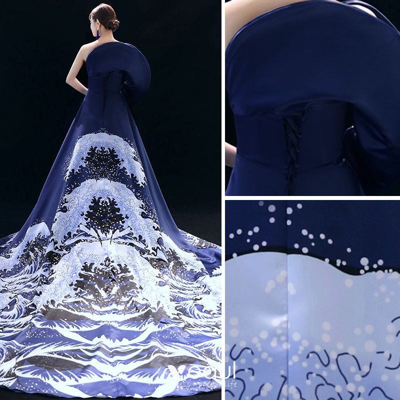 Vintage / Retro Chinese style Navy Blue Evening Dresses 2019 A-Line ...