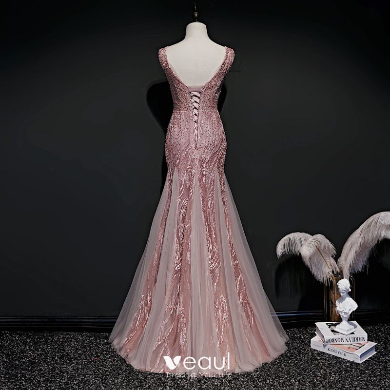 High-end Pearl Pink Evening Dresses 2020 Trumpet / Mermaid Deep V-Neck ...