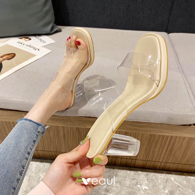 Transparent Summer Nude Cocktail Party Womens Sandals 2022 10 cm Crystal  Thick Heels Toe