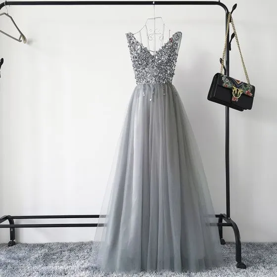 Sexy Grey Prom Dresses 2019 A-Line / Princess Deep V-Neck Sleeveless ...