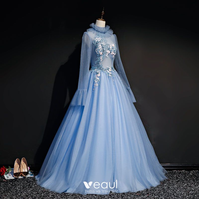 Vintage / Retro Sky Blue See-through Prom Dresses 2019 Ball Gown High ...