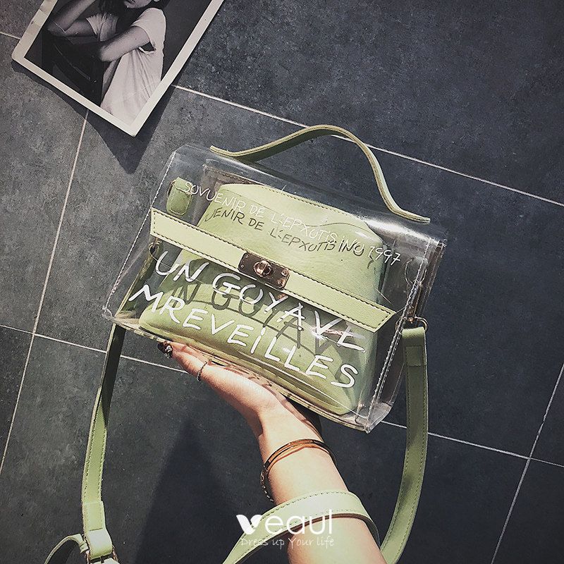 2-piece Sage Green Transparent Purse Messenger Bag Handbag 2021 PVC Square  Women's Bags