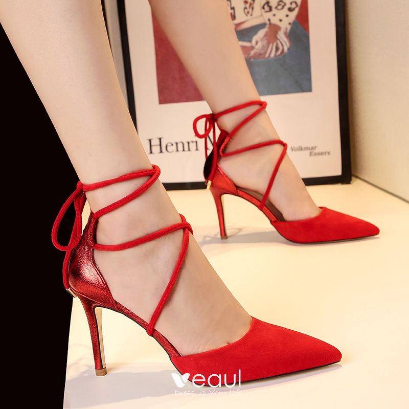 rhyme mud Assume Amazing / Unique Red Cocktail Party Womens Shoes 2018 Suede X-Strap 9 cm  Stiletto Heels Pointed Toe High Heels
