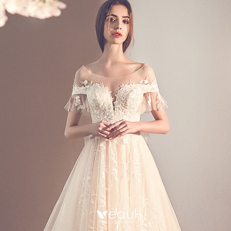 Elegant Champagne See-through Wedding Dresses 2019 A-Line / Princess ...