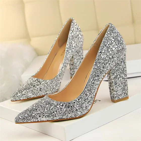 Sparkly Silver Prom Pumps 2018 Sequins 