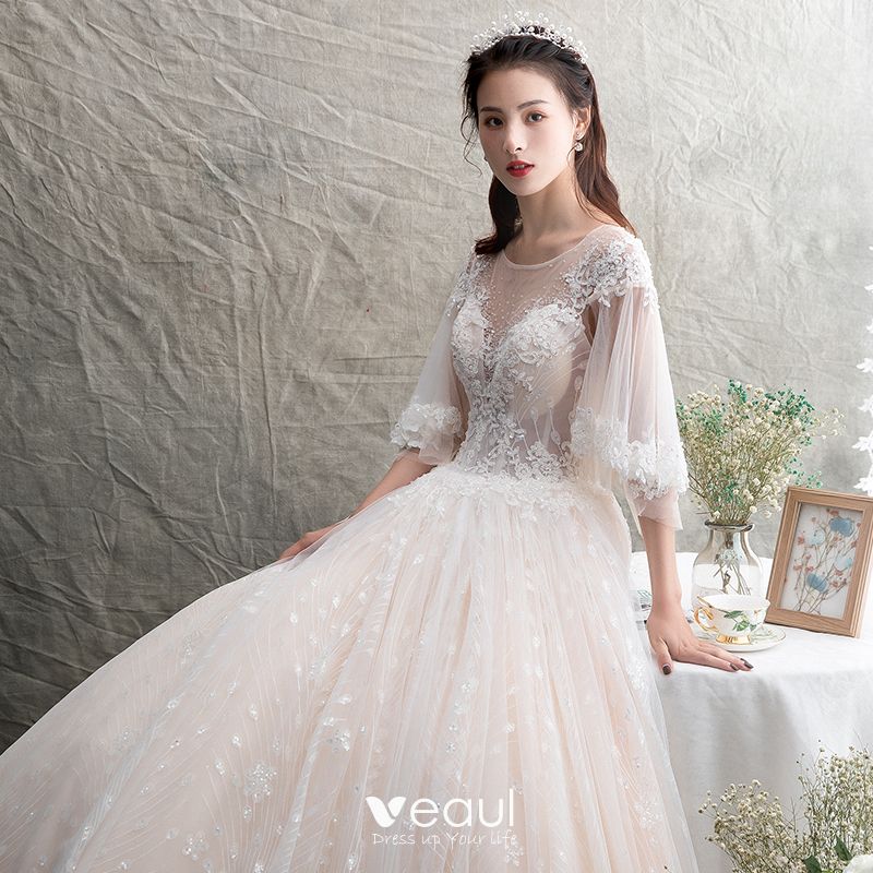 Illusion Champagne See-through Wedding Dresses 2019 A-Line / Princess ...
