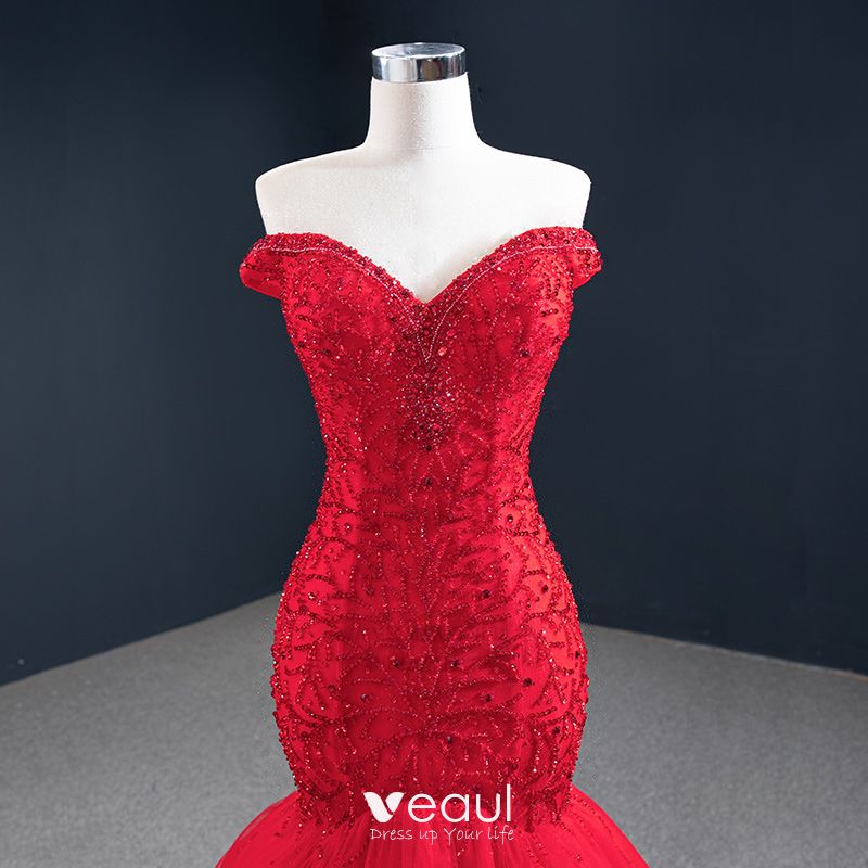 Luxury / Gorgeous Red Evening Dresses 2020 Trumpet / Mermaid Off-The ...