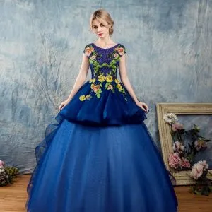 Blue Flower Print Prom Dresses