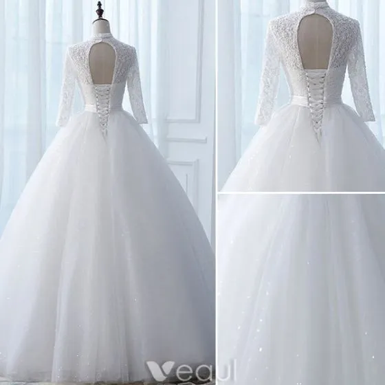 Vintage Wedding Dresses 2017 High Neck Applique Buttons White Glitter ...