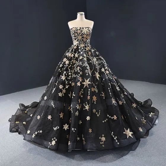 Highend Black Prom Dresses 2023 Ball Gown Strapless Sleeveless Star