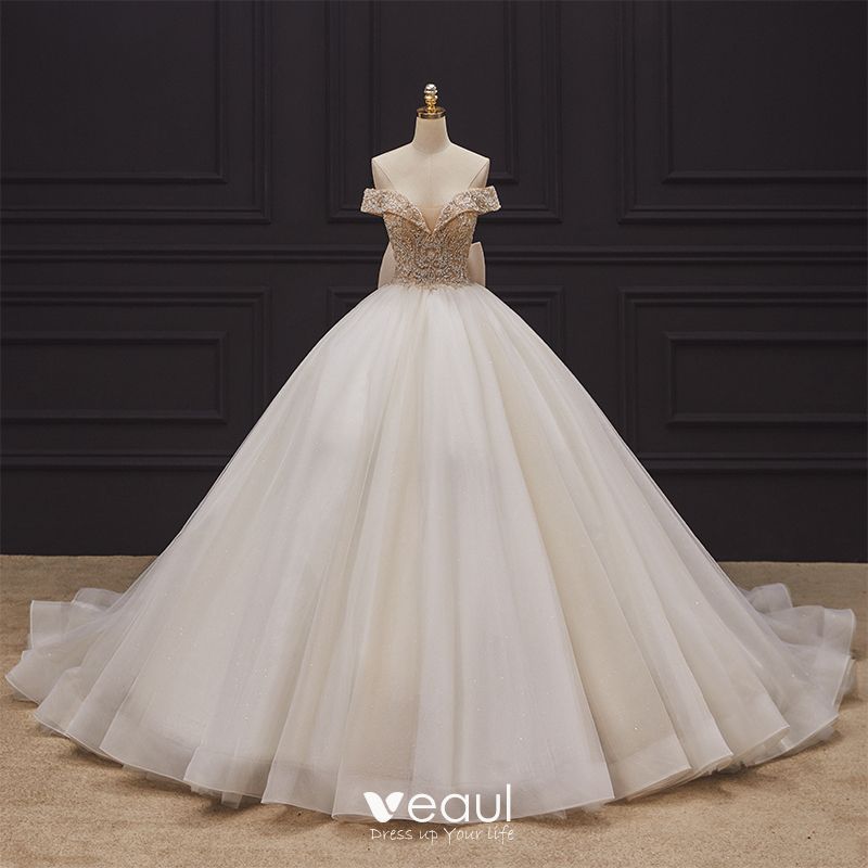 Luxury / Gorgeous Champagne Bridal Wedding Dresses 2020 Ball Gown Off ...