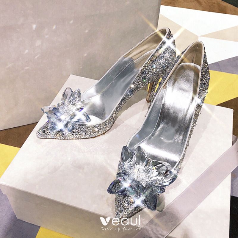 Luxury / Gorgeous Cinderella Handmade Silver Wedding Shoes 2019 Leather  Crystal Rhinestone 9 cm Stiletto Heels Pointed