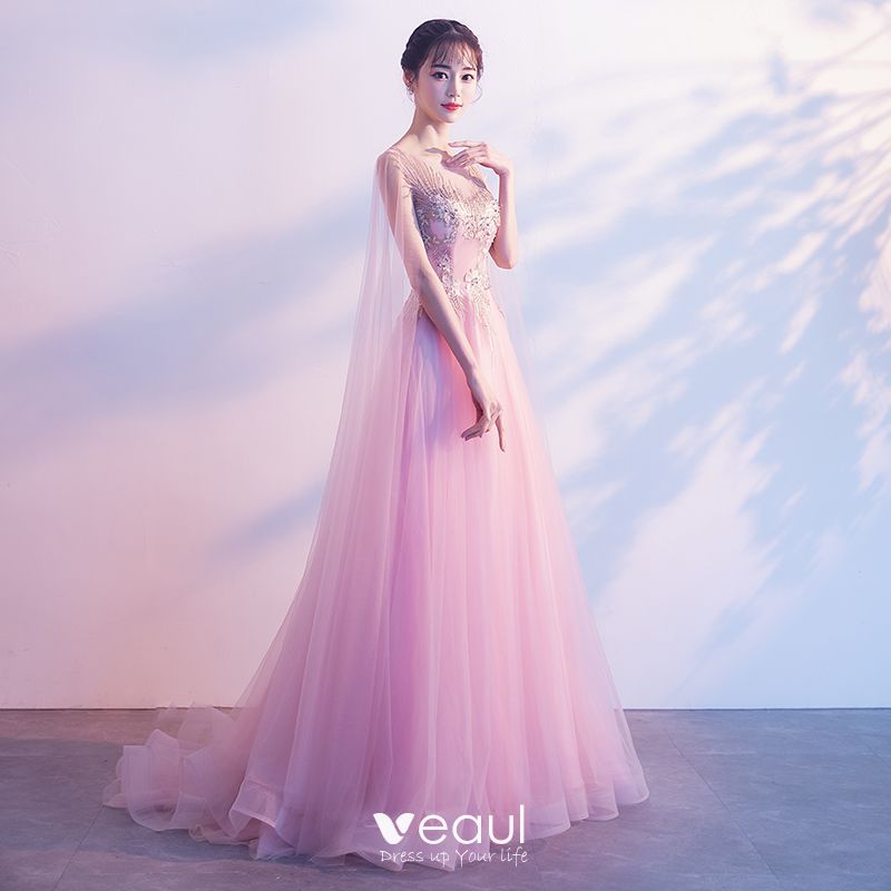 Elegant Candy Pink See-through Evening Dresses 2018 A-Line / Princess ...