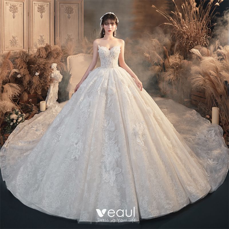 Luxury Beading White/Ivory Lace Wedding Dresses Ball Gown Strapless Bridal Gowns 