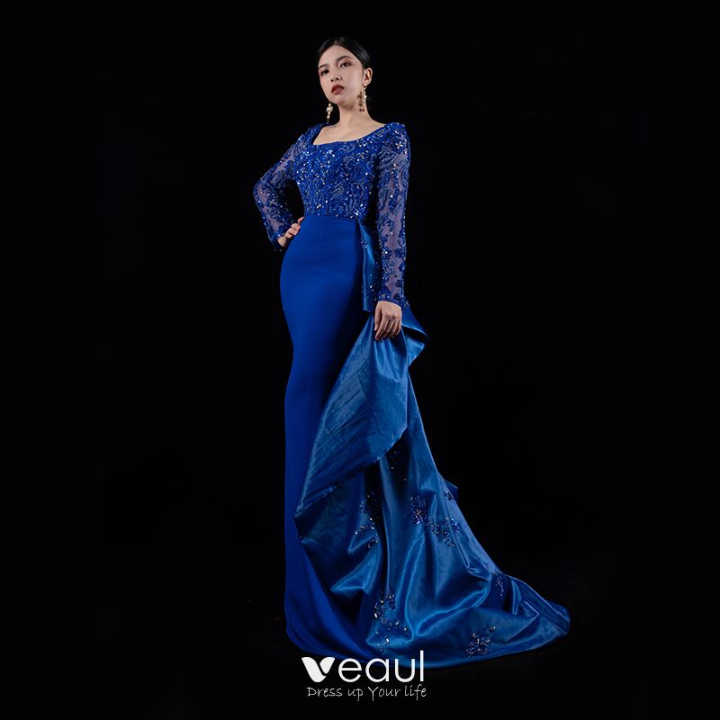 Mermaid Royal Blue Satin Prom Dresses Beadings Long Sleeves Floor