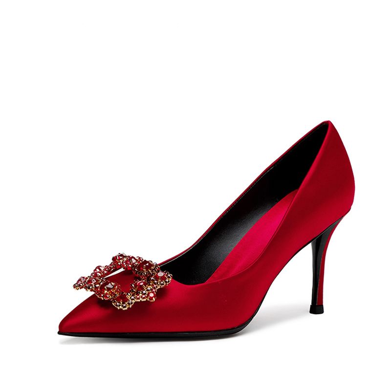 Dar una vuelta Mascotas Adición Chic / Beautiful Red Wedding 2018 Satin Leather Beading Rhinestone Crystal  Cocktail Party Evening Party Womens Shoes