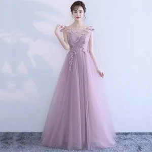 Elegant Lavender Evening Dresses 2017 A-Line / Princess Scoop Neck Sleeveless Appliques Flower Floor-Length / Long Ruffle Backless Formal Dresses
