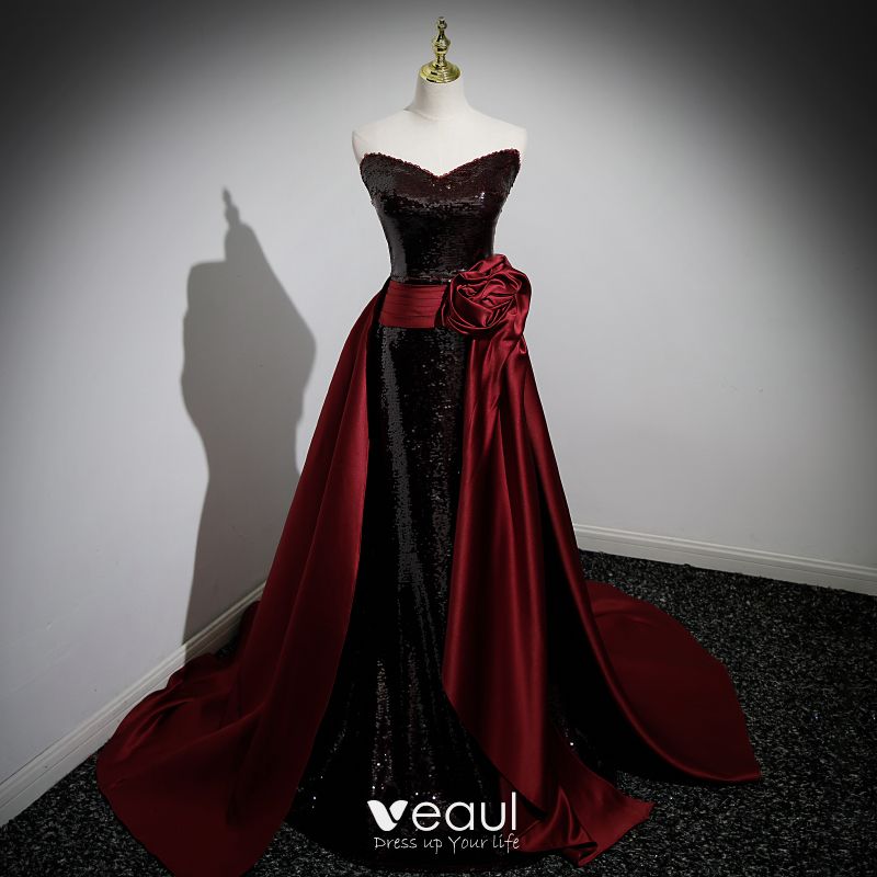 Veaul Chic Beautiful Burgundy Sequins Flower Prom Dresses 2023 Trumpet Mermaid Sleeveless Prom