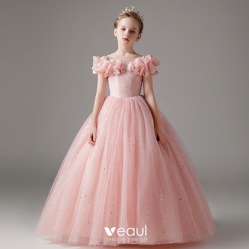 Chic / Beautiful Blushing Pink Sequins Flower Girl Dresses 2023 Ball Gown  Off-The-Shoulder Short Sleeve