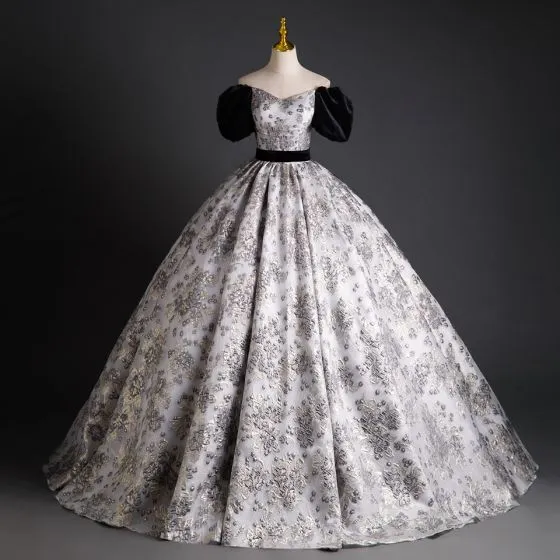 Elegant Black Printing Prom Dresses 2023 Ball Gown Off-The-Shoulder ...