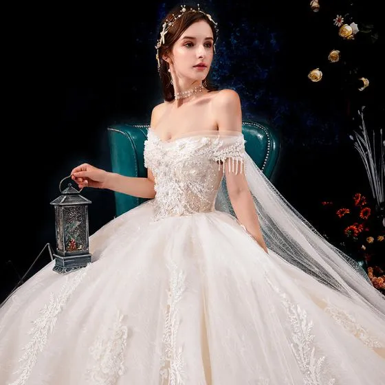 Charming Champagne Wedding Dresses 2019 A-Line / Princess Off-The ...